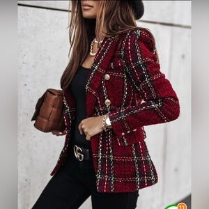Elegant Red Plaid Tweed Blazer